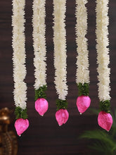Pack of 5 Traditional Indian Mogra Gajra Garlands with Lotus Buds, Wall Hangings for Diwali, Indian Wedding And Home Decoration